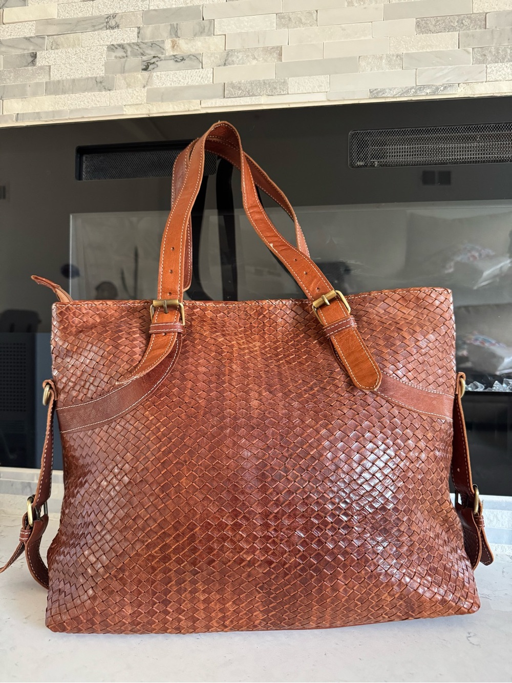 Handwoven Moroccan Leather Tote Bag in Chestnut Brown